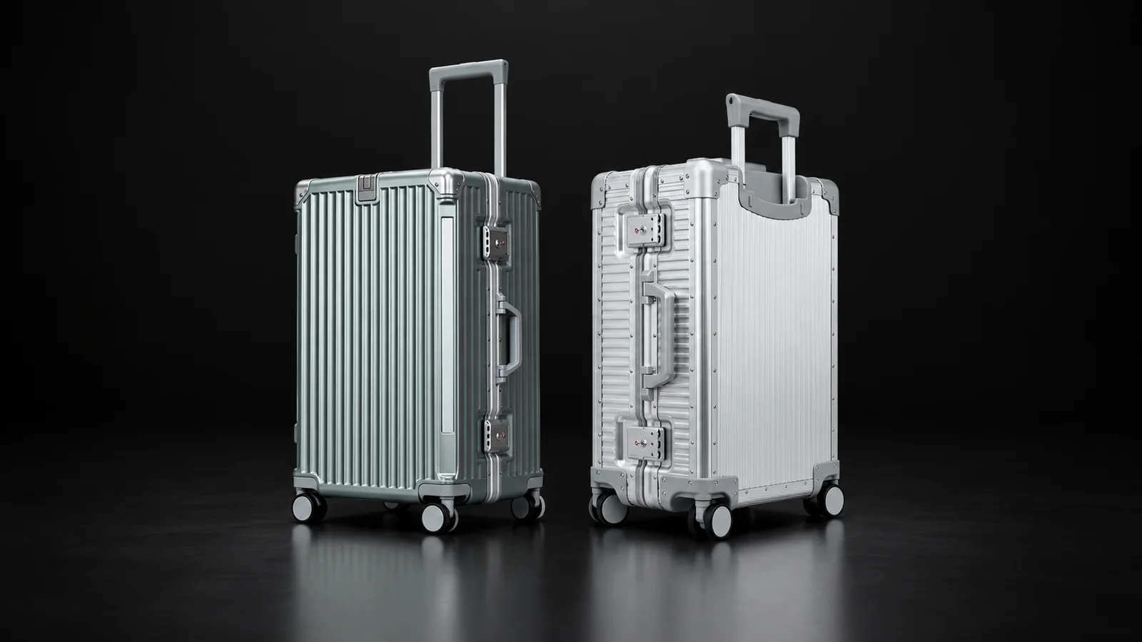 Grey-green aluminum-frame polycarbonate suitcase beside a silver full-aluminum suitcase from the Aluvox range, studio shot on black