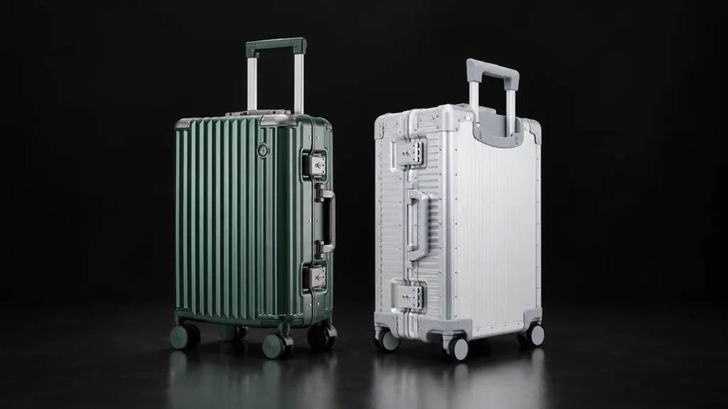 Green aluminum-frame polycarbonate suitcase beside a silver aluminum suitcase from the Aluvox range, studio shot on black