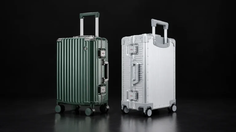 Green aluminum-frame polycarbonate suitcase beside a silver aluminum suitcase from the Aluvox range, studio shot on black