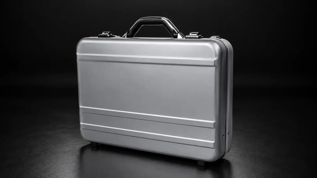 Silver aluminum briefcase with horizontal grooves from the Aluvox factory, studio shot on black