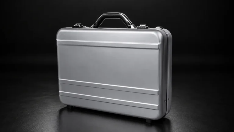 Silver aluminum briefcase with horizontal grooves from the Aluvox factory, studio shot on black