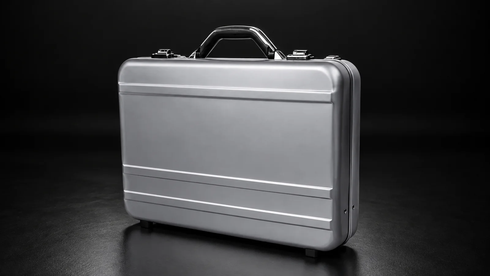 Silver aluminum briefcase with horizontal grooves from the Aluvox factory, studio shot on black