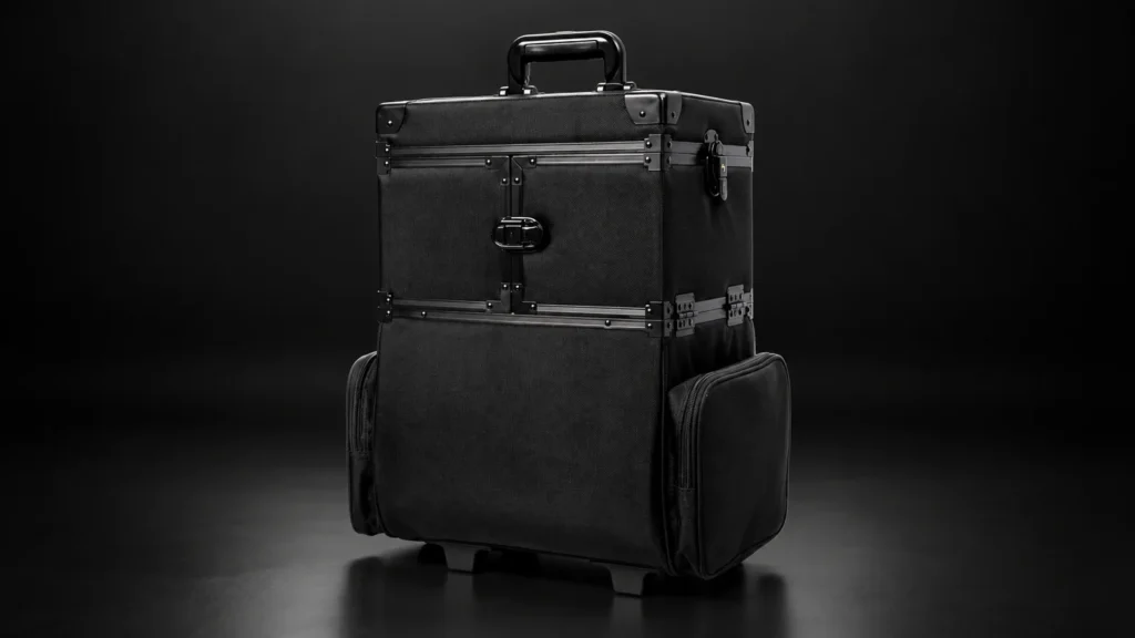 Black two-tier makeup trolley case from the Aluvox factory, studio shot on black
