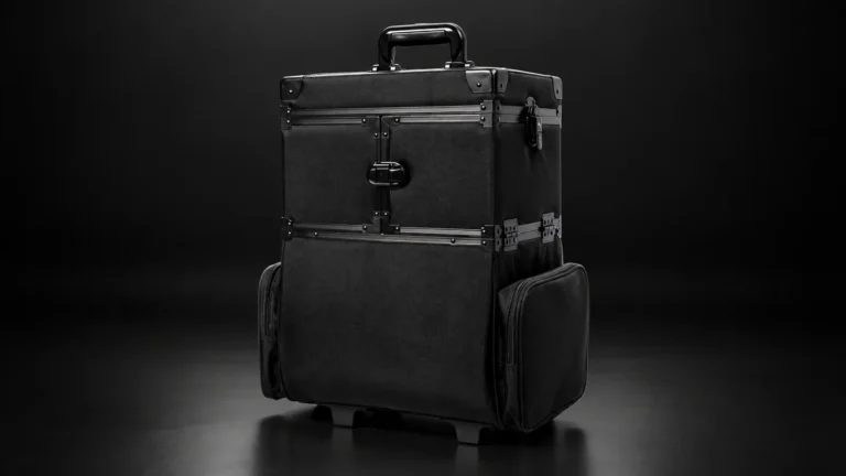Black two-tier makeup trolley case from the Aluvox factory, studio shot on black