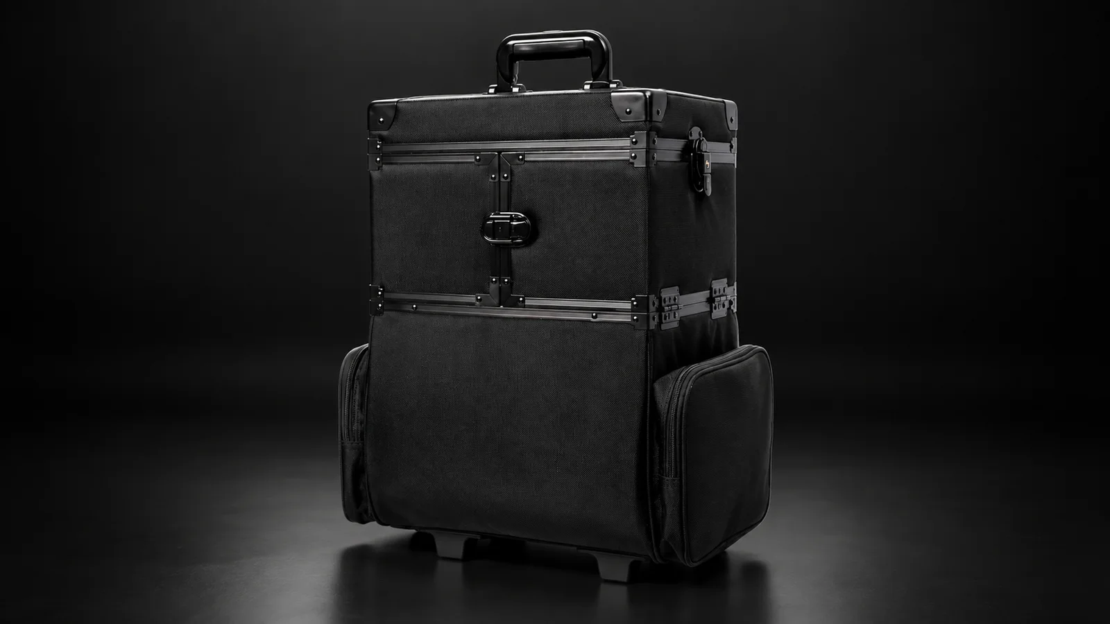 Black two-tier makeup trolley case from the Aluvox factory, studio shot on black