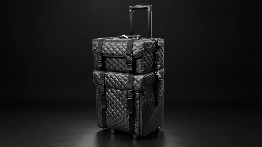 Black quilted two-tier makeup trolley case from the Aluvox factory, studio shot on black