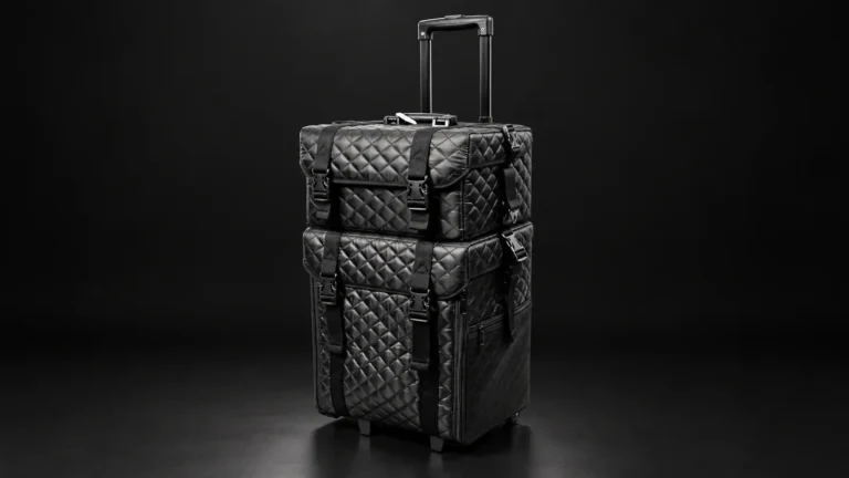 Black quilted two-tier makeup trolley case from the Aluvox factory, studio shot on black