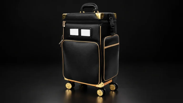 Black makeup trolley case with gold trim and gold wheels from the Aluvox factory, studio shot on black