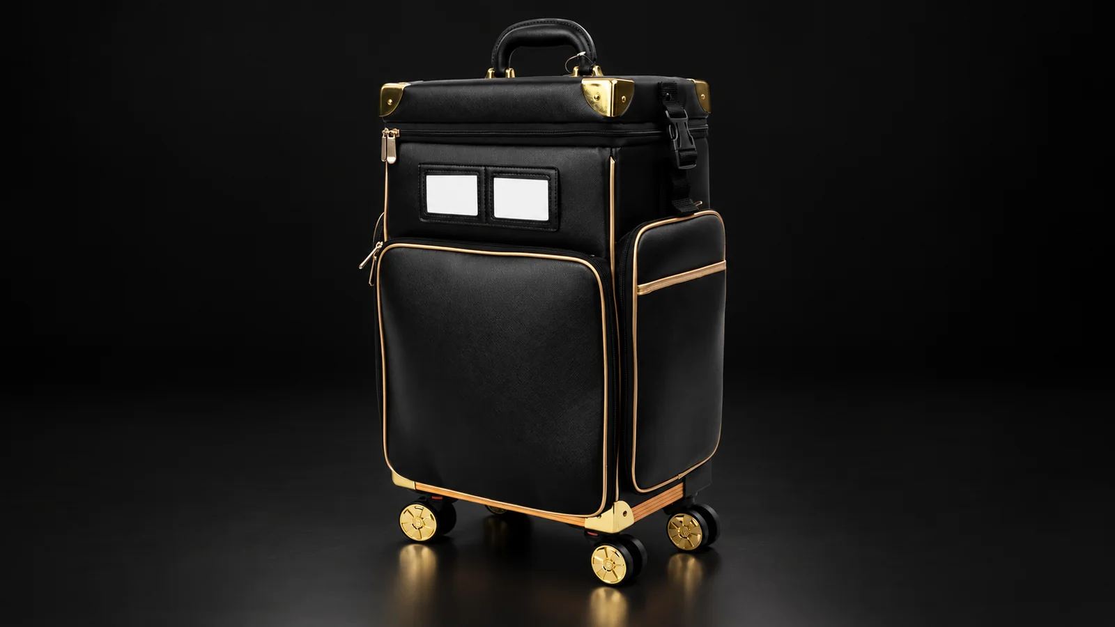 Black makeup trolley case with gold trim and gold wheels from the Aluvox factory, studio shot on black