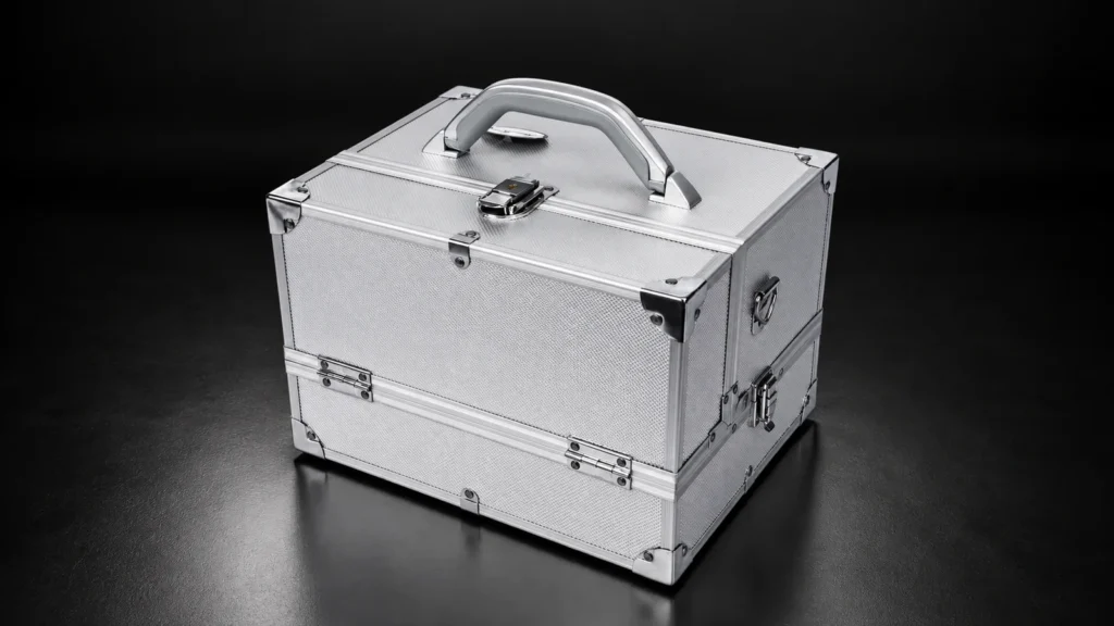 Silver textured aluminum makeup case from the Aluvox factory, studio shot on black