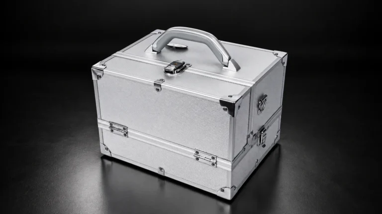 Silver textured aluminum makeup case from the Aluvox factory, studio shot on black
