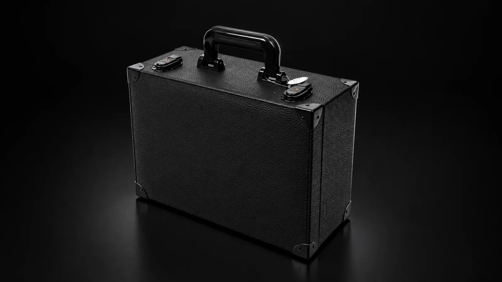 Black textured tool case with top handle and latches from the Aluvox factory, studio shot on black