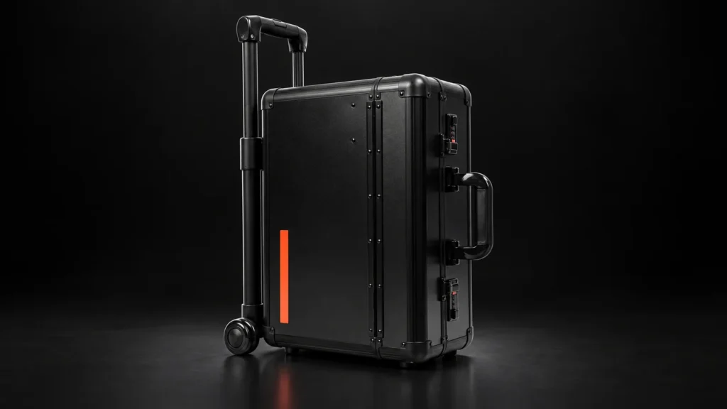 Black hard trolley case with aluminum frame and two wheels from the Aluvox factory, studio shot on black