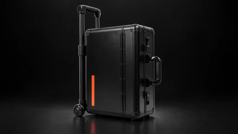 Black hard trolley case with aluminum frame and two wheels from the Aluvox factory, studio shot on black
