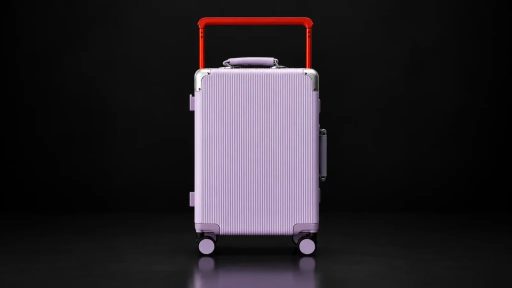 Lavender ribbed polycarbonate zipperless suitcase with red telescopic handle from the Aluvox range, studio shot on black