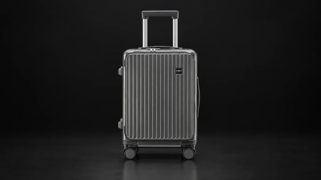 Grey ribbed front-opening suitcase from the Aluvox range, studio shot on black