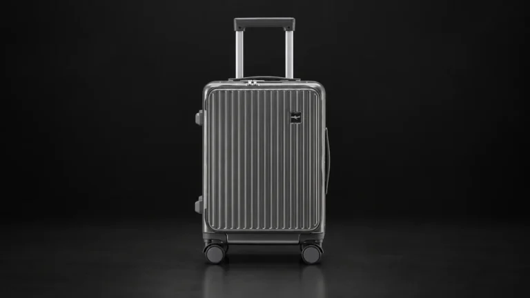 Grey ribbed front-opening suitcase from the Aluvox range, studio shot on black