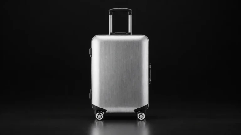 Smooth silver polycarbonate zipperless suitcase from the Aluvox range, studio shot on black