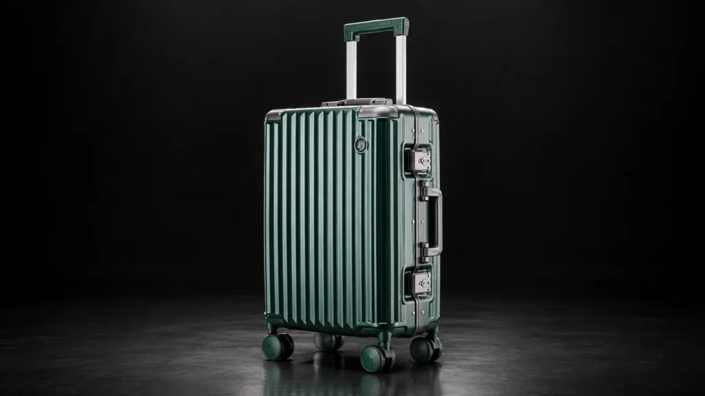 Dark green aluminum-frame polycarbonate carry-on from the Aluvox range, studio shot on black