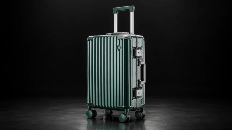 Dark green aluminum-frame polycarbonate carry-on from the Aluvox range, studio shot on black