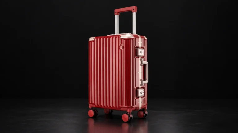 Red ribbed aluminum-frame polycarbonate suitcase from the Aluvox range, studio shot on black