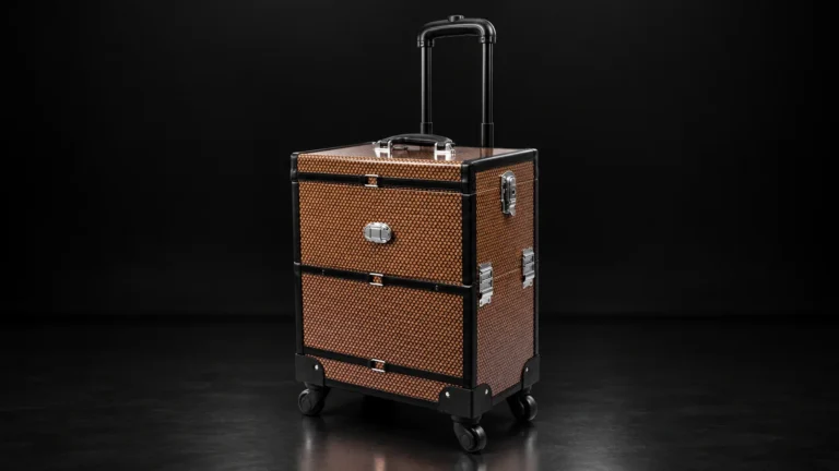 Brown textured professional makeup trolley case from the Aluvox factory, studio shot on black