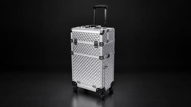 Silver diamond-textured aluminum trolley case from the Aluvox factory, studio shot on black