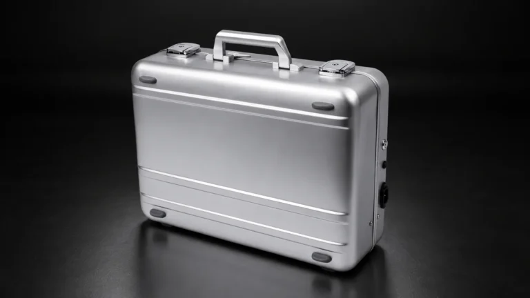 Silver aluminum hard case with ribbed side panels from the Aluvox factory, studio shot on black