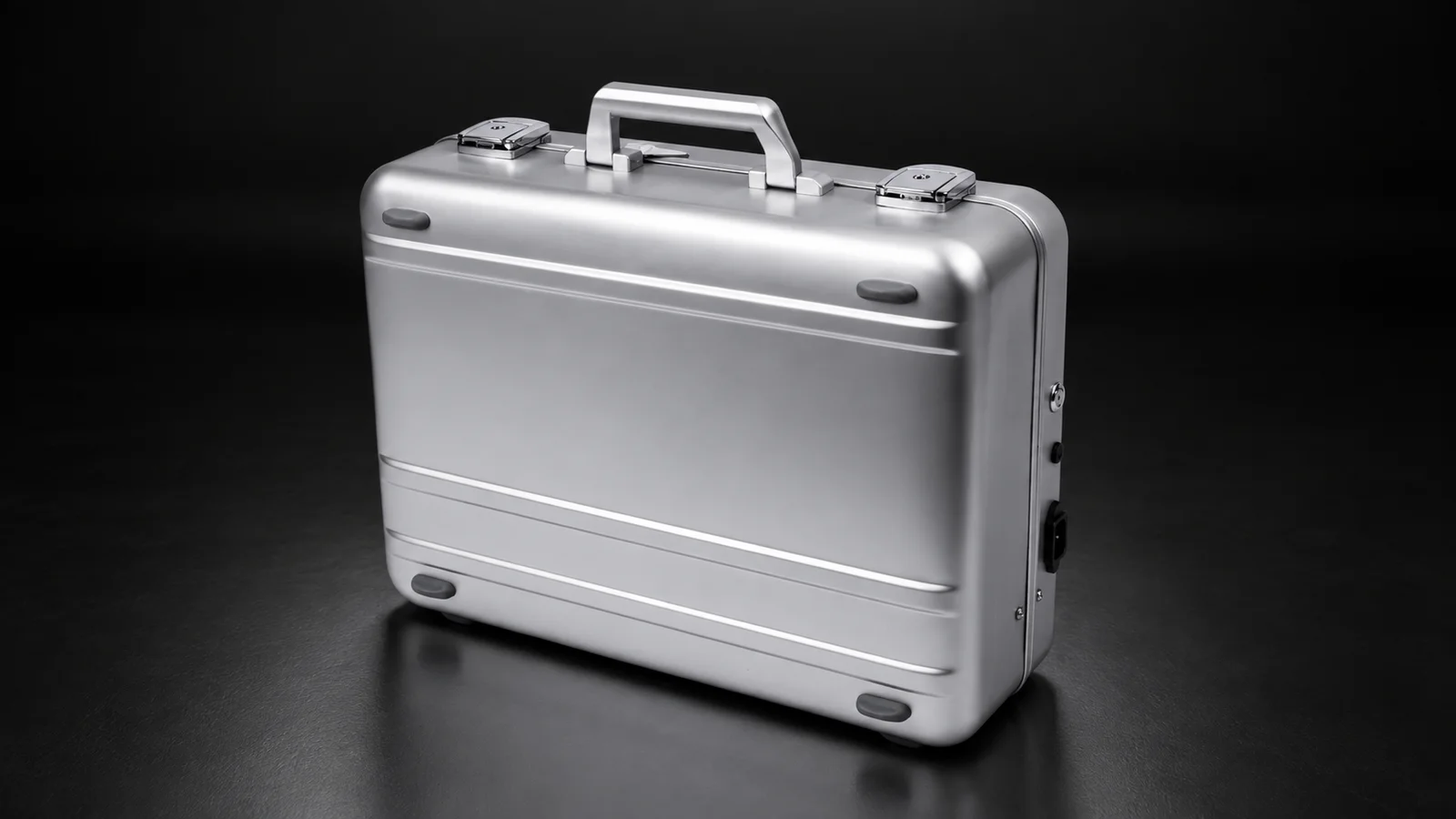 Silver aluminum hard case with ribbed side panels from the Aluvox factory, studio shot on black