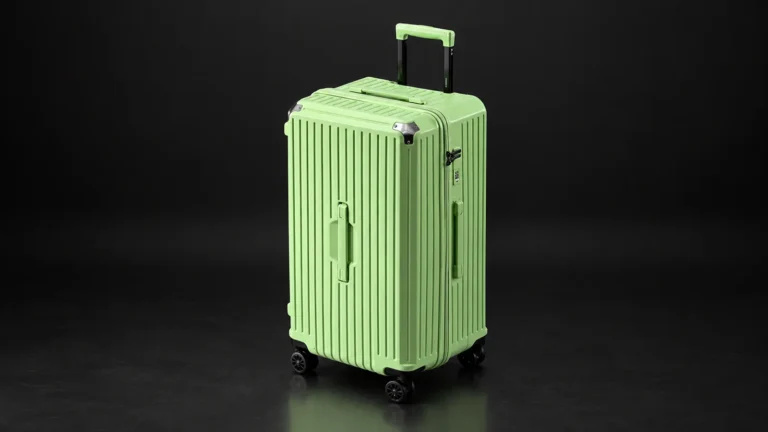 Green ribbed polycarbonate zipper suitcase from the Aluvox range, studio shot on black