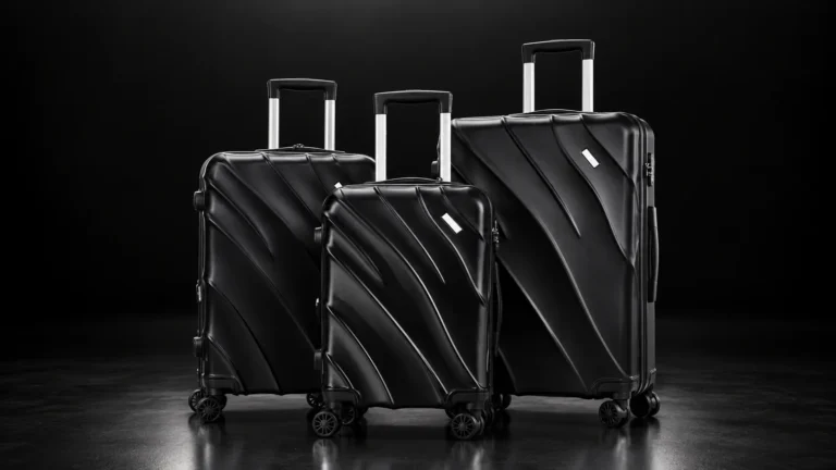 Three sizes of a black ABS suitcase with diagonal pattern from the Aluvox range, studio shot on black