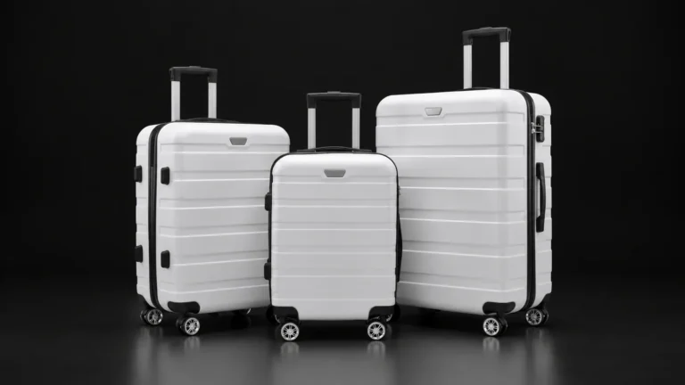Three sizes of a white hardside suitcase from the Aluvox range, studio shot on black