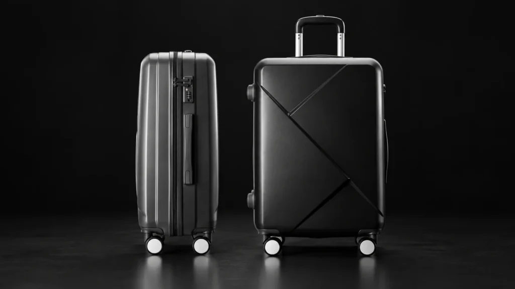 Grey and black hardside suitcases from the Aluvox range, studio shot on black