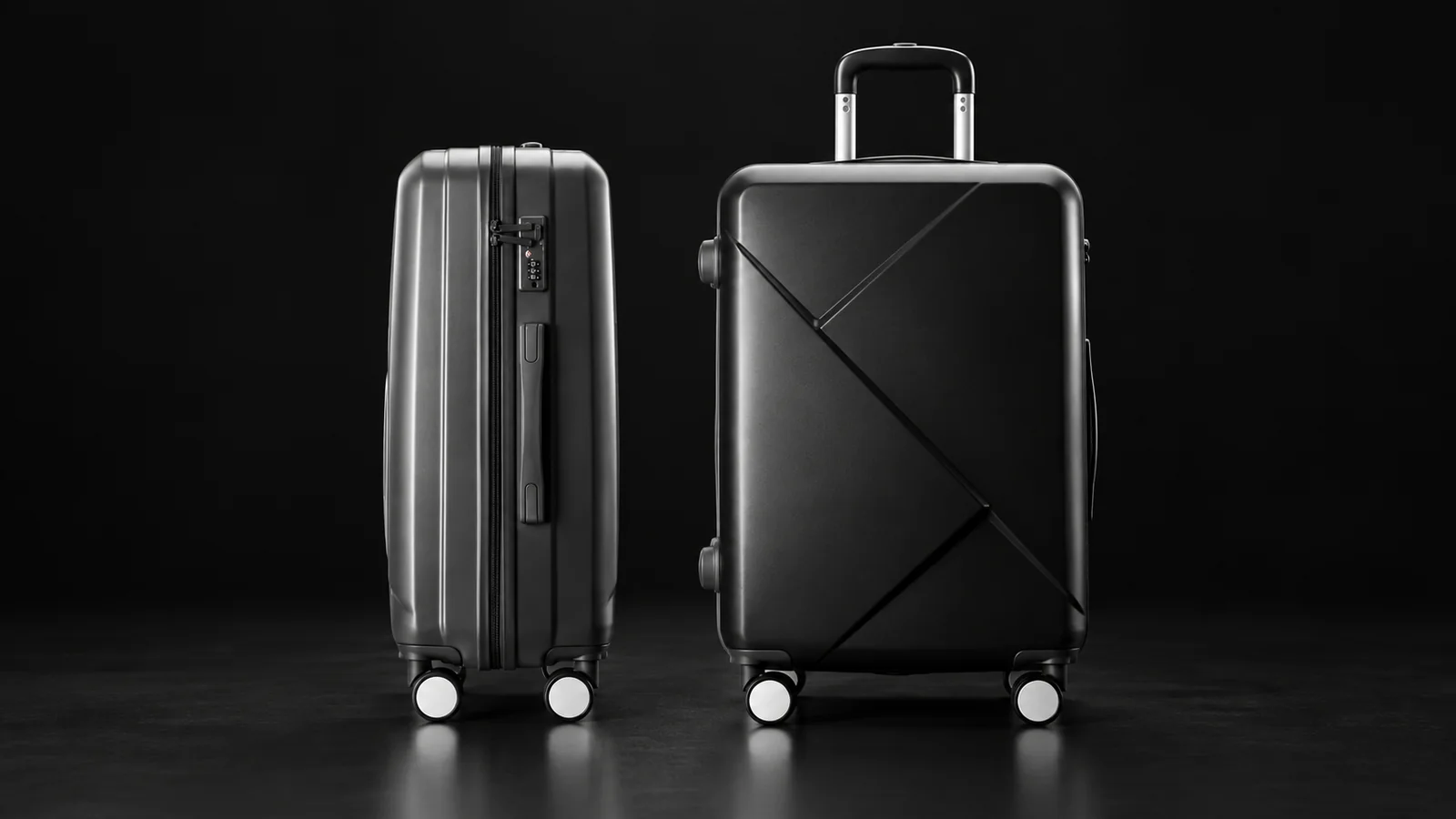 Grey and black hardside suitcases from the Aluvox range, studio shot on black