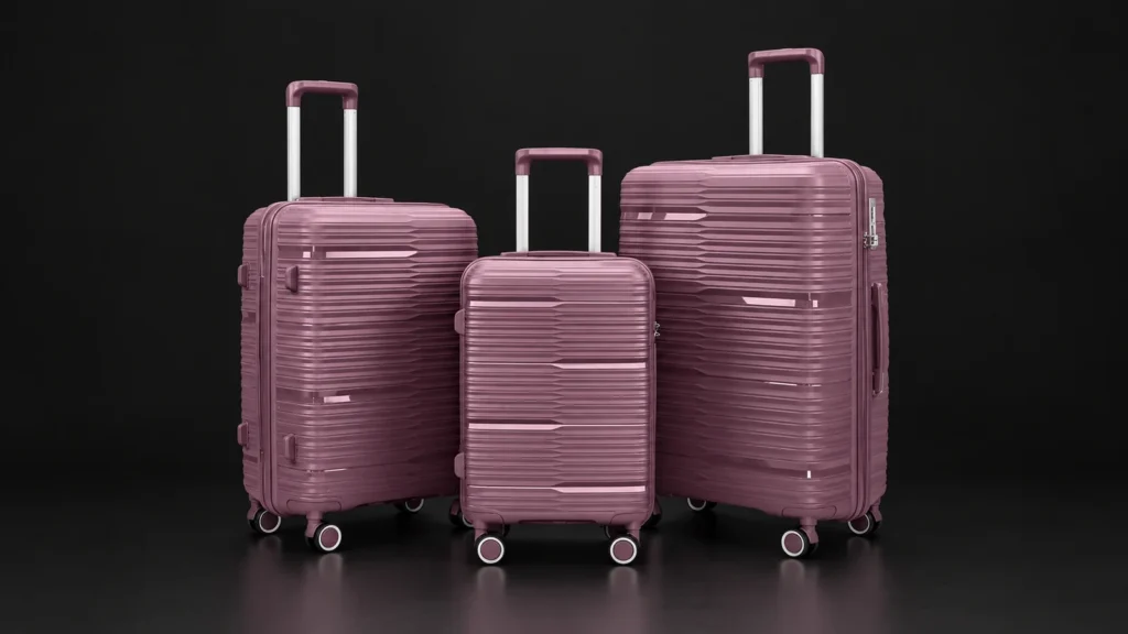 Three sizes of a purple polypropylene suitcase from the Aluvox range, studio shot on black