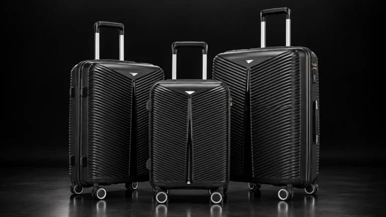 Three sizes of a black polypropylene suitcase from the Aluvox range, studio shot on black