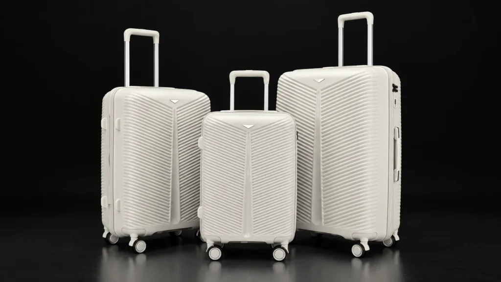 Three sizes of an off-white polypropylene suitcase from the Aluvox range, studio shot on black