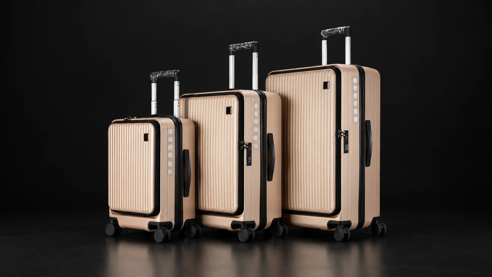 Three sizes of a beige front-opening hardside suitcase from the Aluvox range, studio shot on black