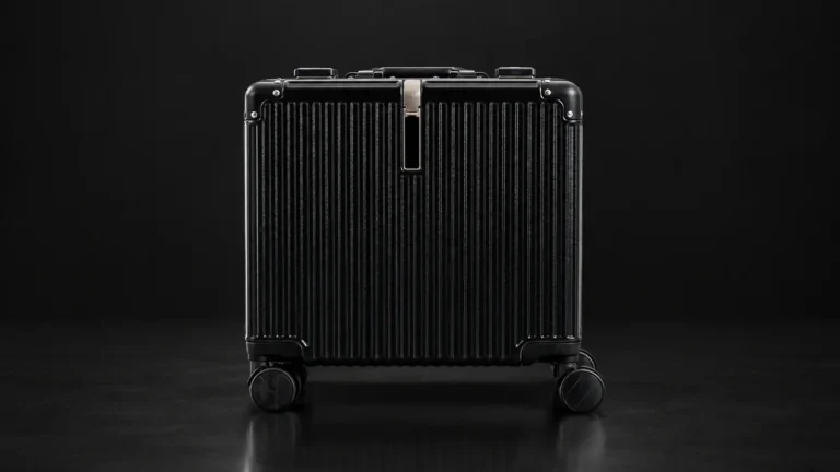 Black ribbed polycarbonate suitcase from the Aluvox range, front view, studio shot on black