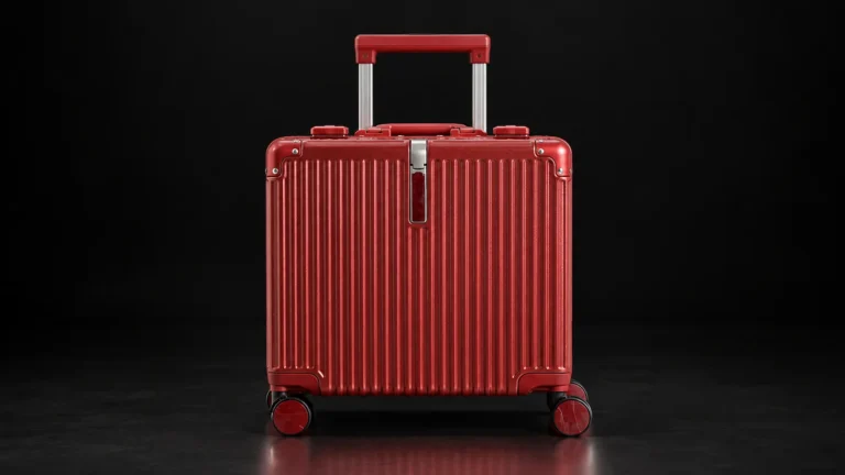 Red ribbed zipperless suitcase from the Aluvox range, studio shot on black