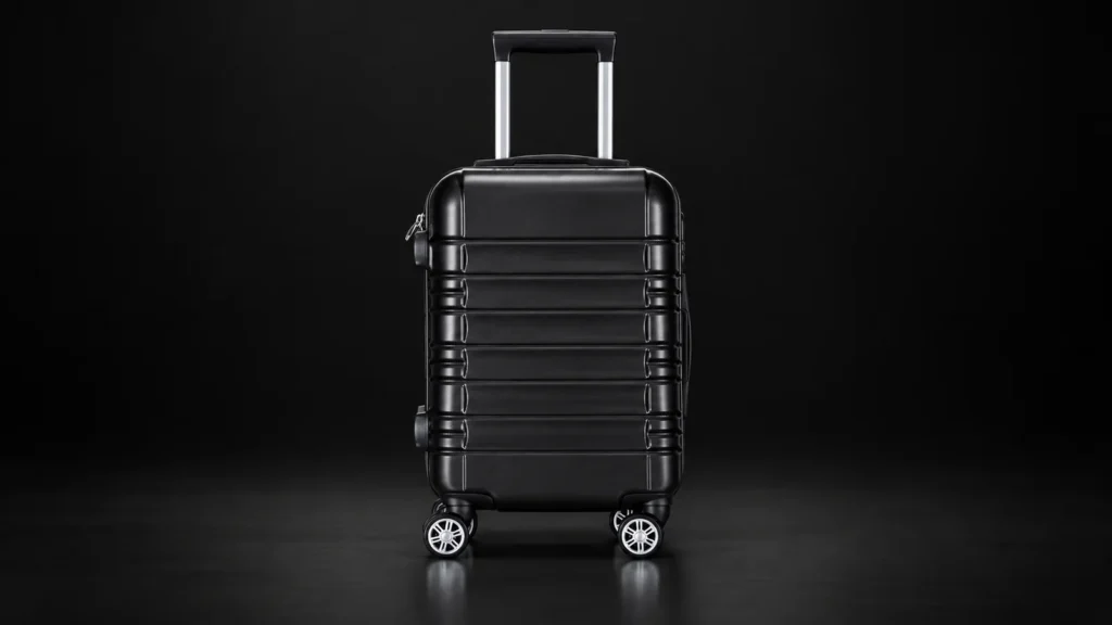 Black hardside suitcase with horizontal grooves from the Aluvox range, studio shot on black