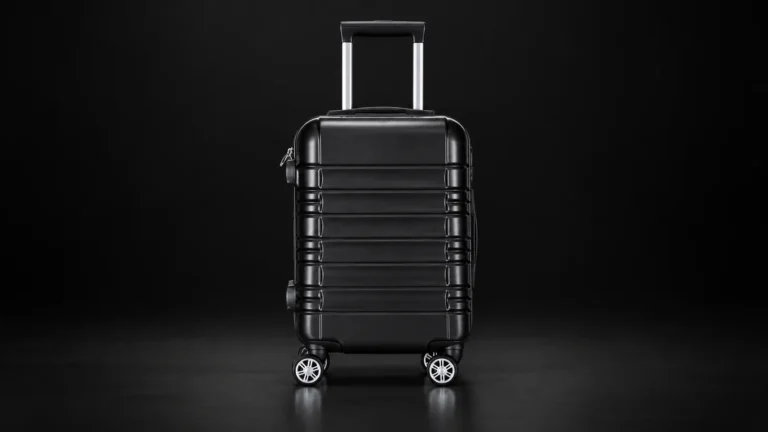 Black hardside suitcase with horizontal grooves from the Aluvox range, studio shot on black