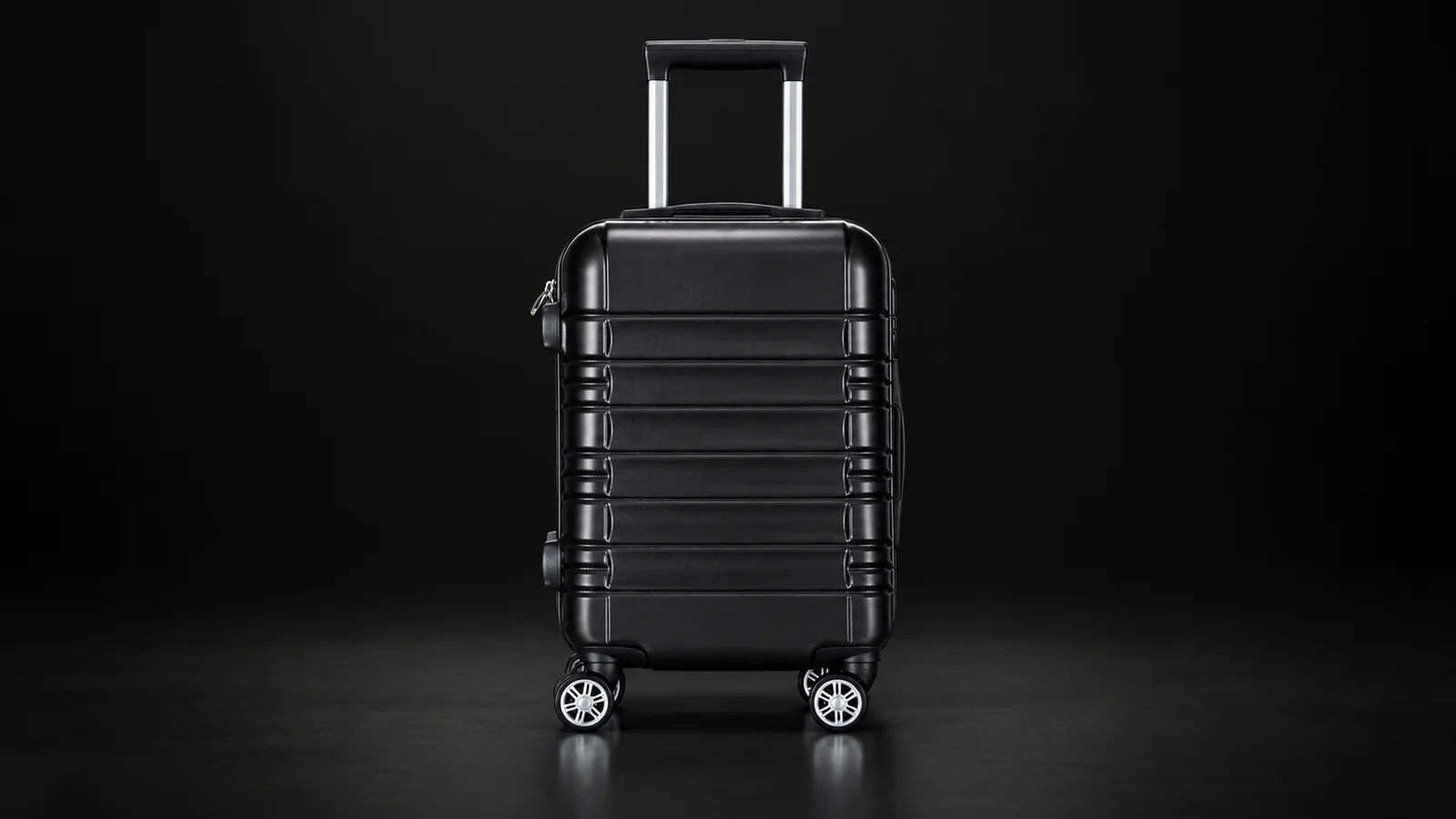Black hardside suitcase with horizontal grooves from the Aluvox range, studio shot on black