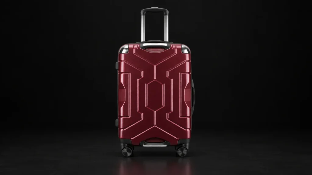 Burgundy polycarbonate suitcase with geometric raised pattern from the Aluvox range, studio shot on black