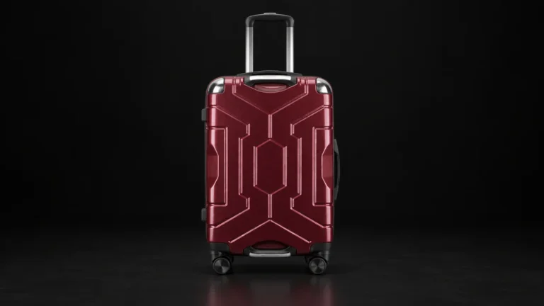 Burgundy polycarbonate suitcase with geometric raised pattern from the Aluvox range, studio shot on black