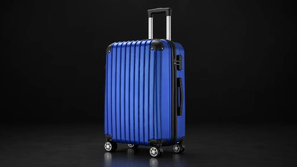 Blue ribbed polycarbonate suitcase from the Aluvox range, studio shot on black