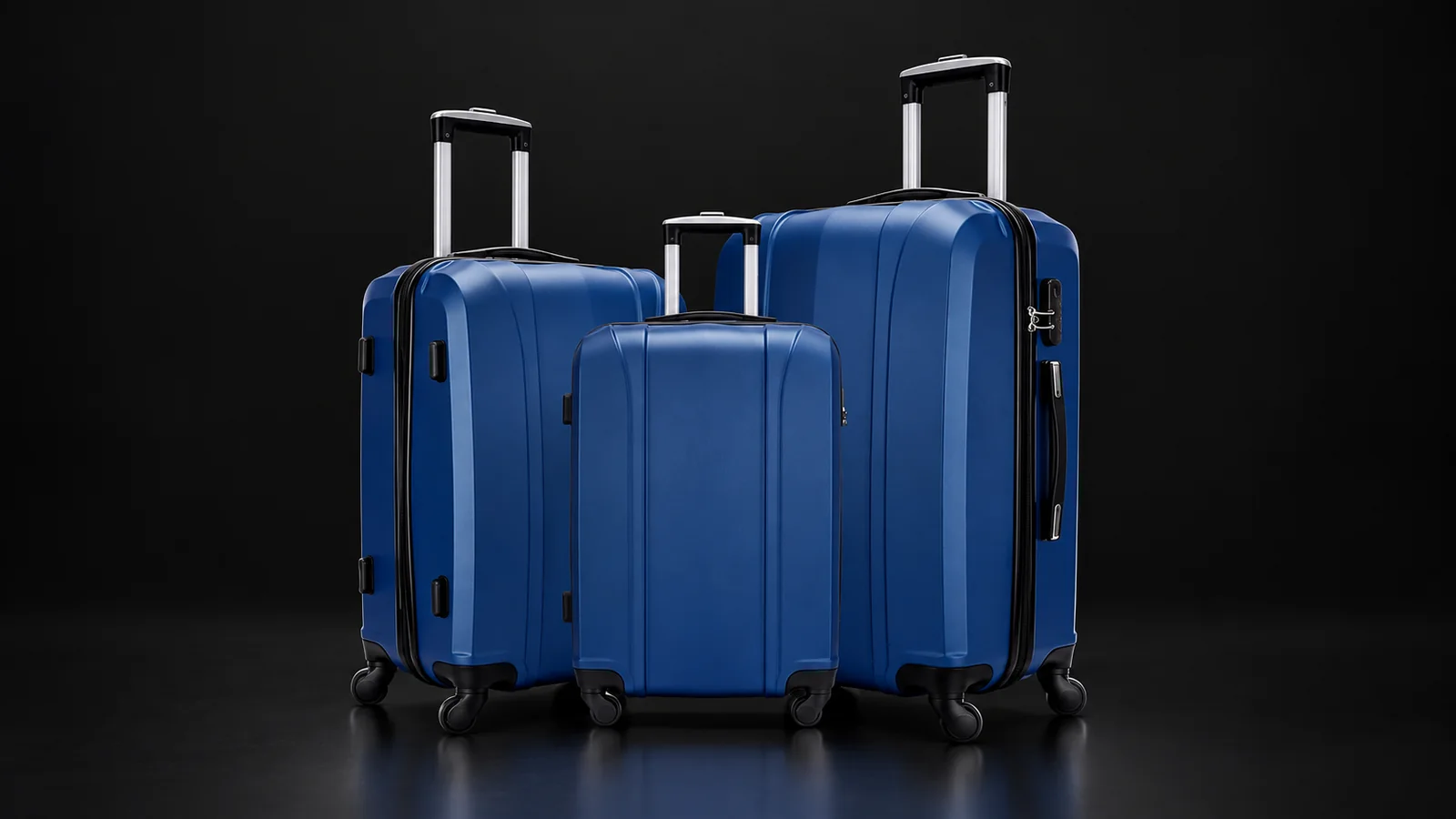Three sizes of a navy blue hardside suitcase from the Aluvox range, studio shot on black