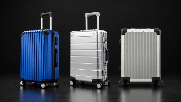 Blue polycarbonate, silver aluminum and titanium suitcases side by side, studio shot on black