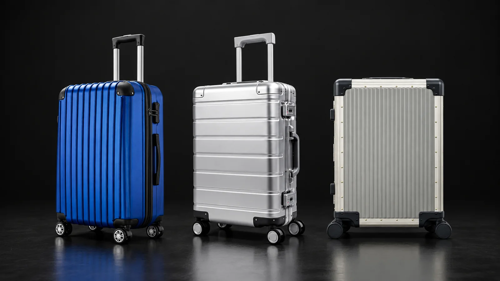 Blue polycarbonate, silver aluminum and titanium suitcases side by side, studio shot on black
