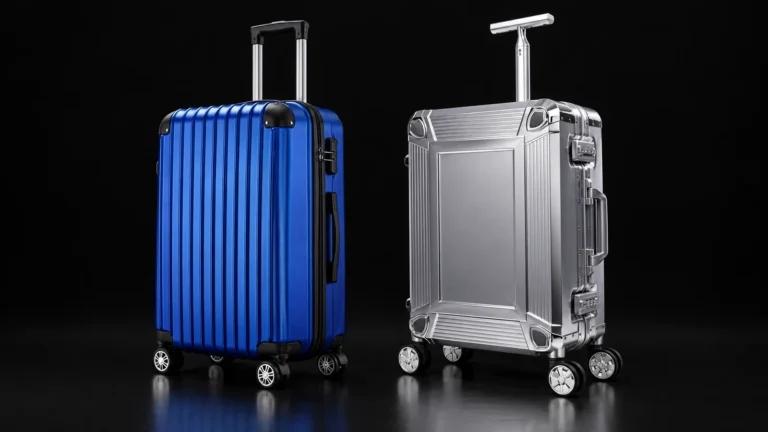 Blue polycarbonate suitcase beside a silver aluminum suitcase from the Aluvox range, studio shot on black
